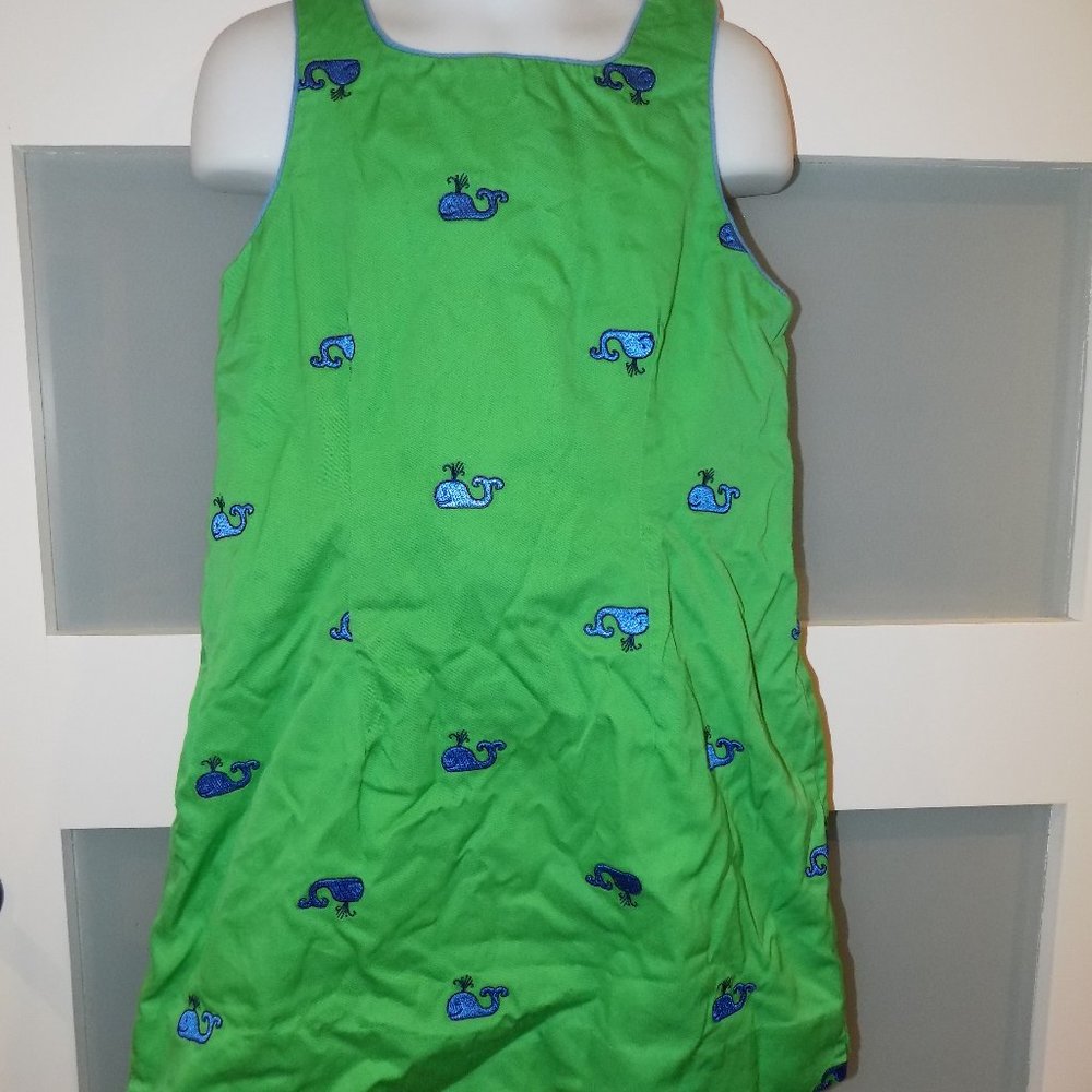 LILLY PULITZER VINTAGE GREEN W/EMBROIDERED WHALES DRESS SIZE 7 GIRL'S EUC